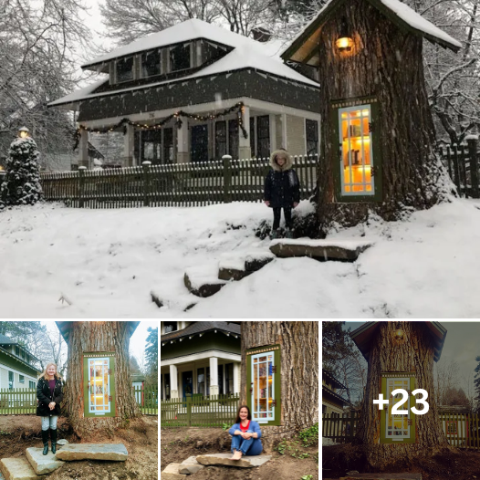 Woman Turned 110-Year-Old Dead Tree Into A Free Little Library For The Neighborhood And It Looks Magical